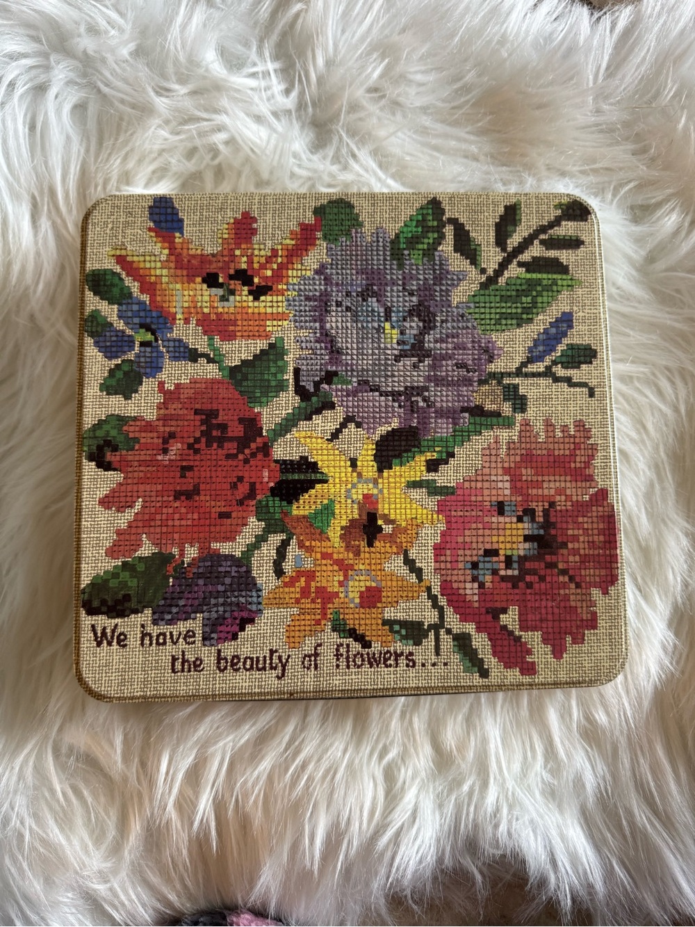 Vintage ElkesvEnglish Assorted Biscuits
Cookie Tin Floral Needlepoint Look *D.